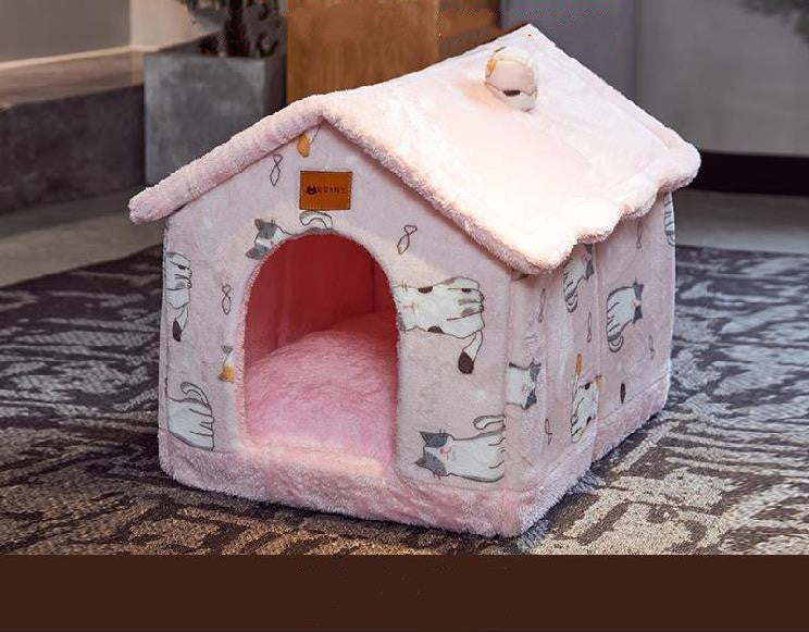 Foldable Warm Dog House Enclosed Pet Bed Removable Cushion Indoor Kennel