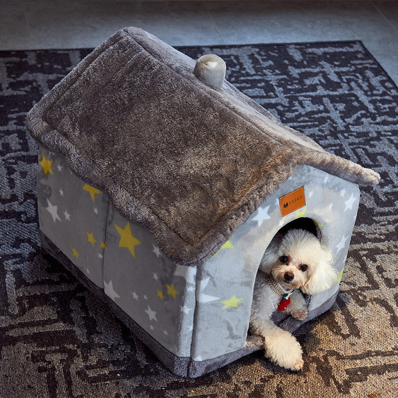 Foldable Warm Dog House Enclosed Pet Bed Removable Cushion Indoor Kennel