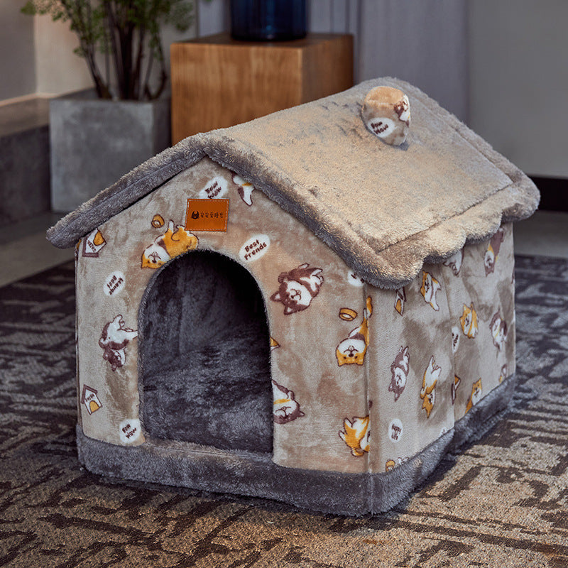 Foldable Warm Dog House Enclosed Pet Bed Removable Cushion Indoor Kennel