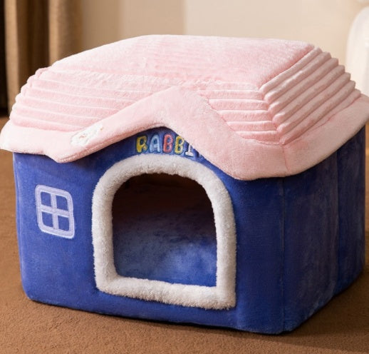 Foldable Warm Dog House Enclosed Pet Bed Removable Cushion Indoor Kennel