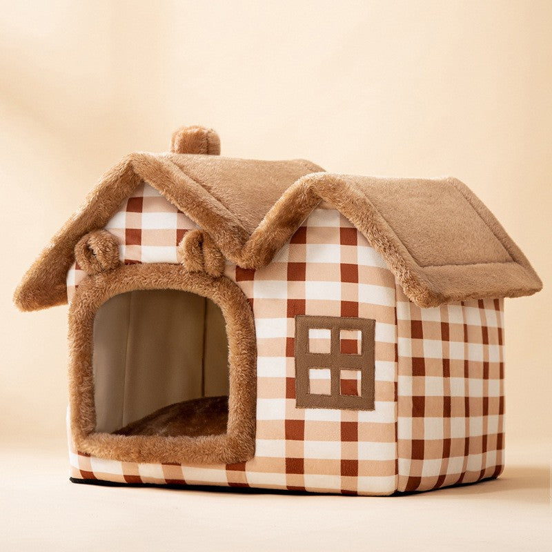 Foldable Warm Dog House Enclosed Pet Bed Removable Cushion Indoor Kennel