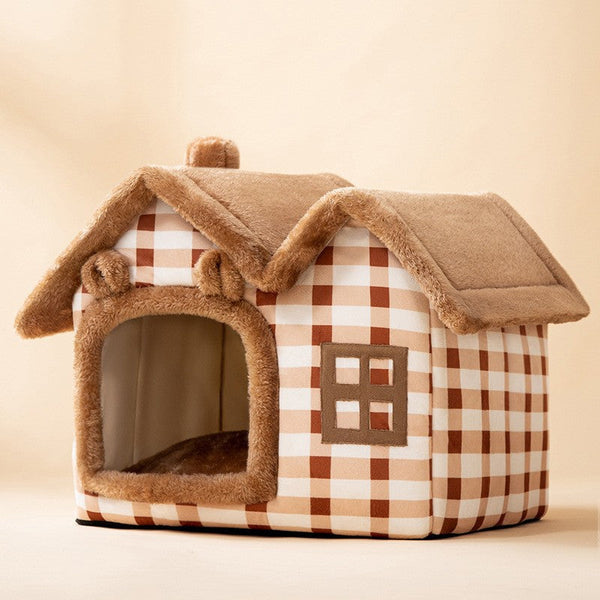 Foldable Warm Dog House Enclosed Pet Bed Removable Cushion Indoor Kennel