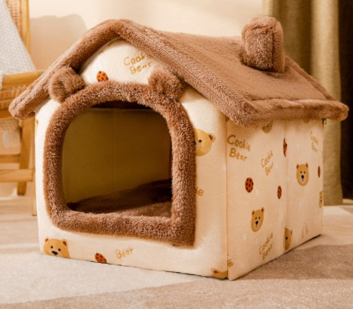 Foldable Warm Dog House Enclosed Pet Bed Removable Cushion Indoor Kennel