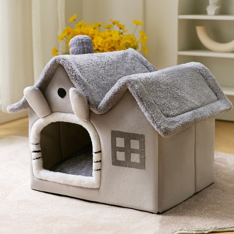 Foldable Warm Dog House Enclosed Pet Bed Removable Cushion Indoor Kennel