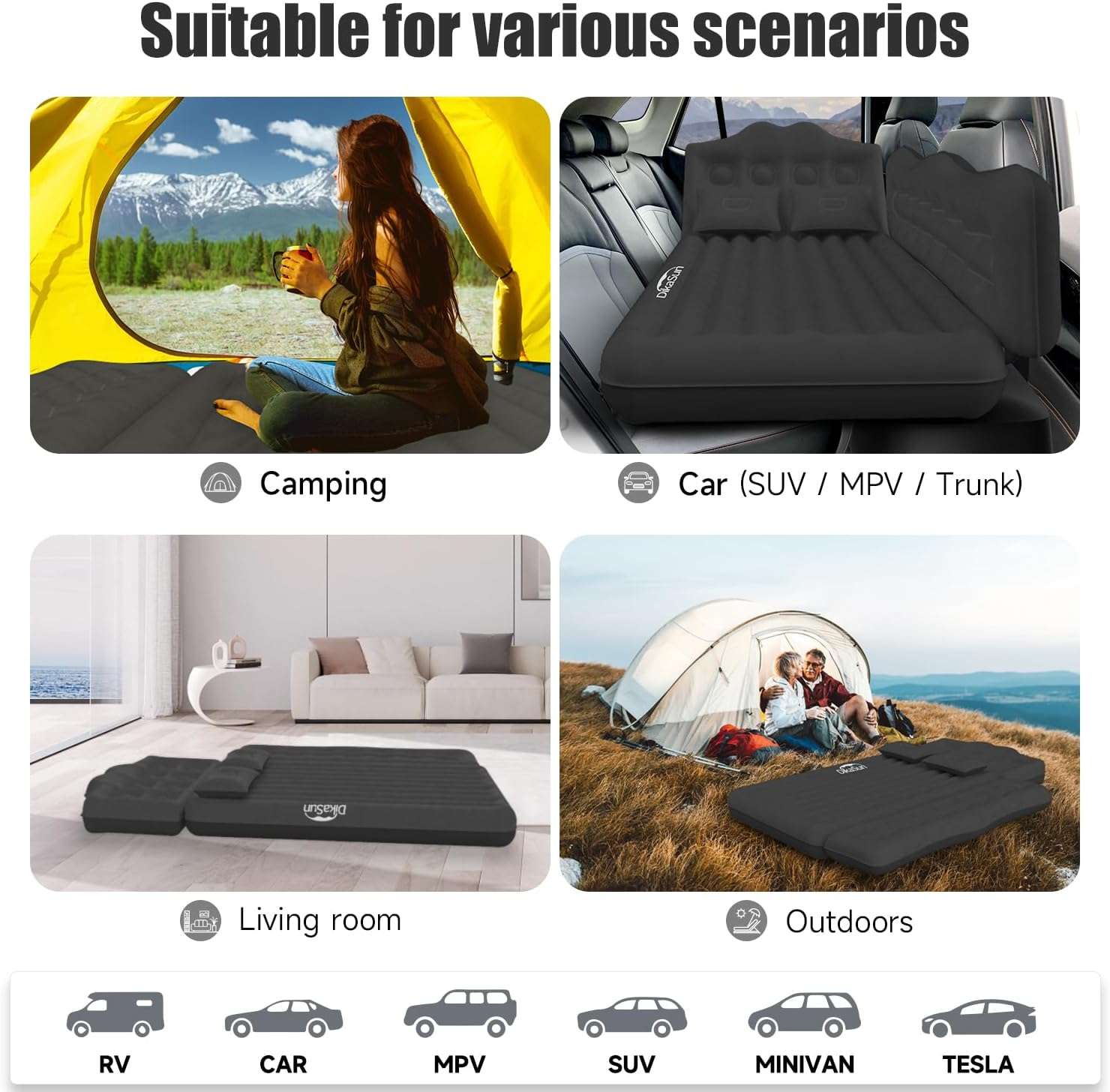 Thickened SUV Car Air Mattress Inflatable Backseat Camping Bed Black