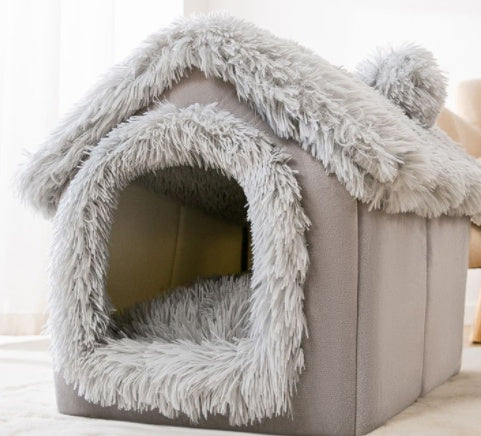 Foldable Warm Dog House Enclosed Pet Bed Removable Cushion Indoor Kennel