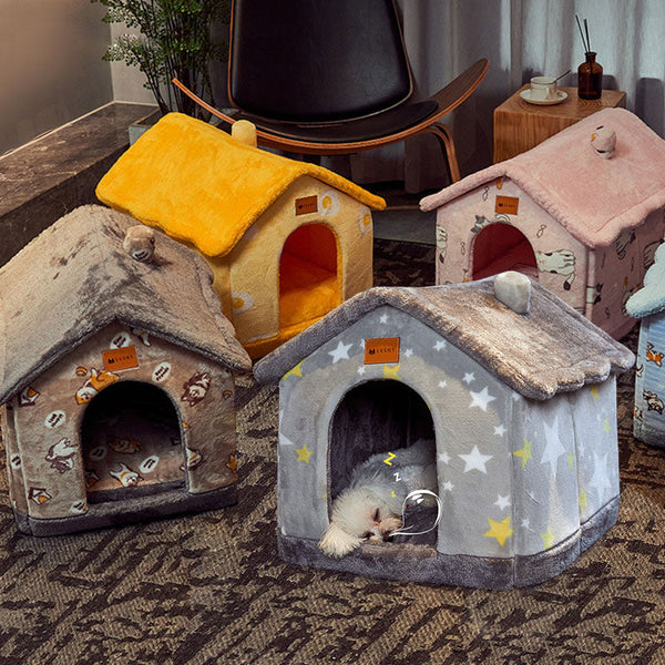 Foldable Warm Dog House Enclosed Pet Bed Removable Cushion Indoor Kennel