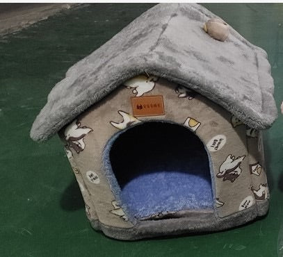 Foldable Warm Dog House Enclosed Pet Bed Removable Cushion Indoor Kennel