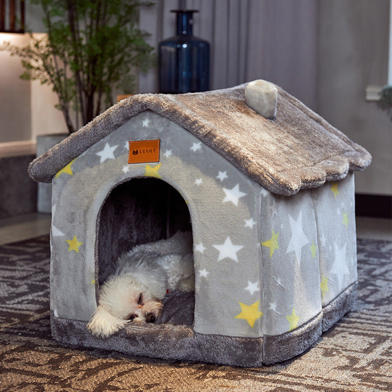 Foldable Warm Dog House Enclosed Pet Bed Removable Cushion Indoor Kennel