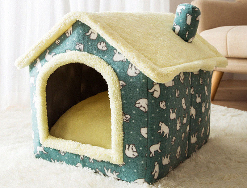 Foldable Warm Dog House Enclosed Pet Bed Removable Cushion Indoor Kennel