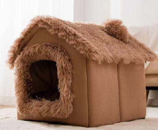 Foldable Warm Dog House Enclosed Pet Bed Removable Cushion Indoor Kennel