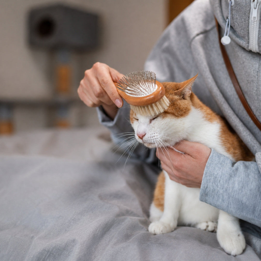 Person grooming a cat with a brush on a bed