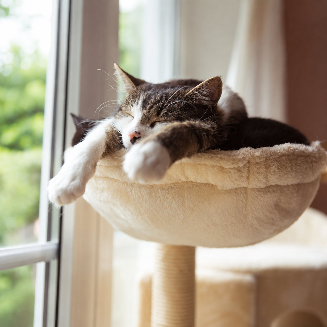 Cat sleeping on a cat tree by a window with greenery outside