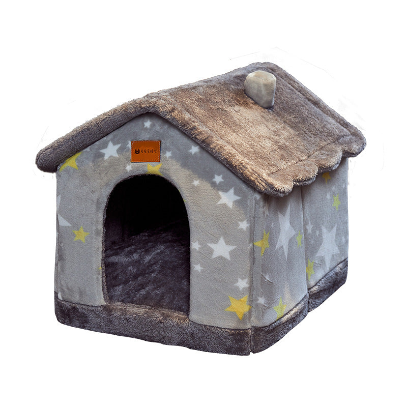 Foldable Warm Dog House Enclosed Pet Bed Removable Cushion Indoor Kennel