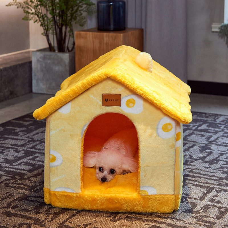Foldable Warm Dog House Enclosed Pet Bed Removable Cushion Indoor Kennel