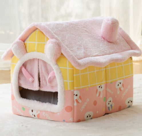 Foldable Warm Dog House Enclosed Pet Bed Removable Cushion Indoor Kennel