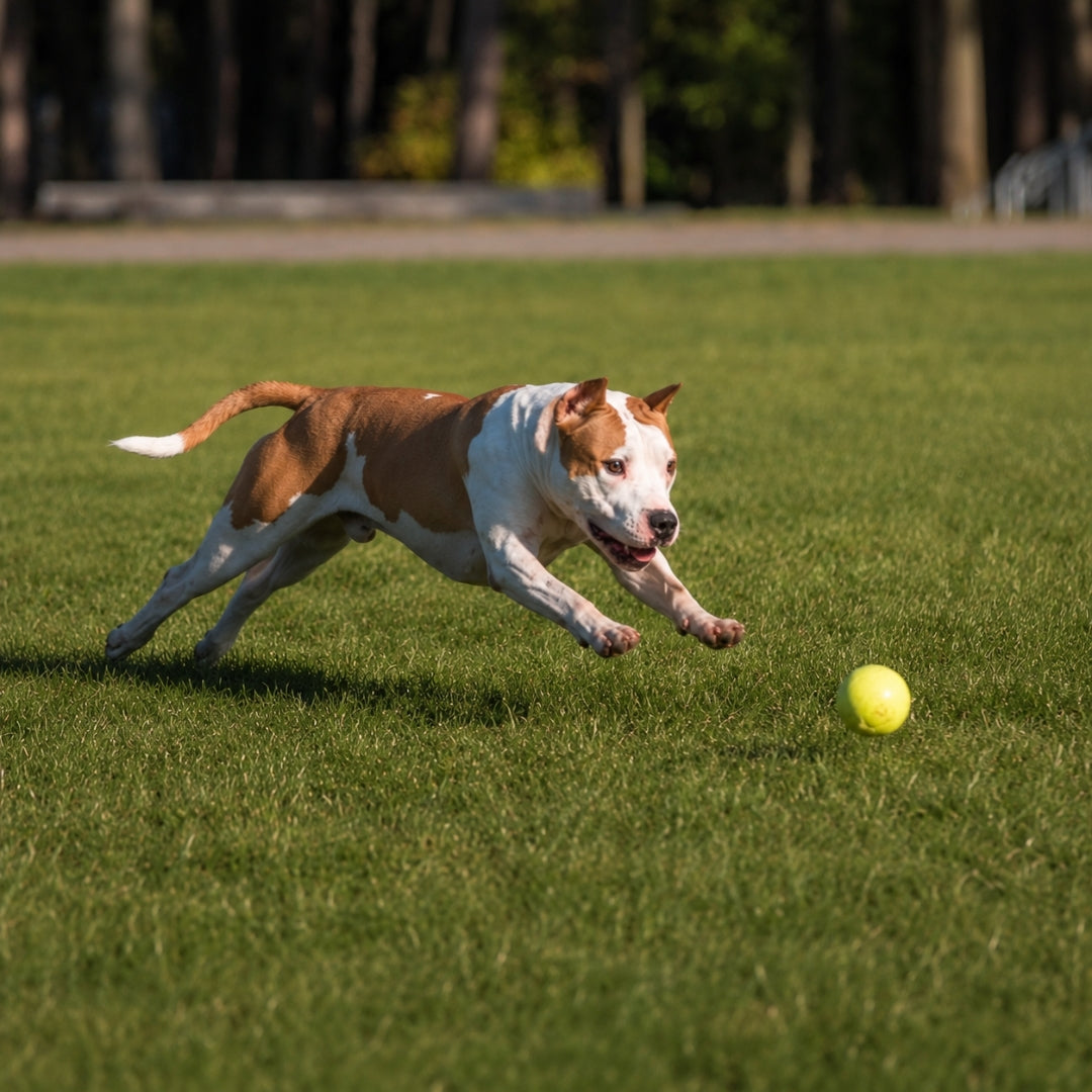 Dog running on grass towards a yellow ball