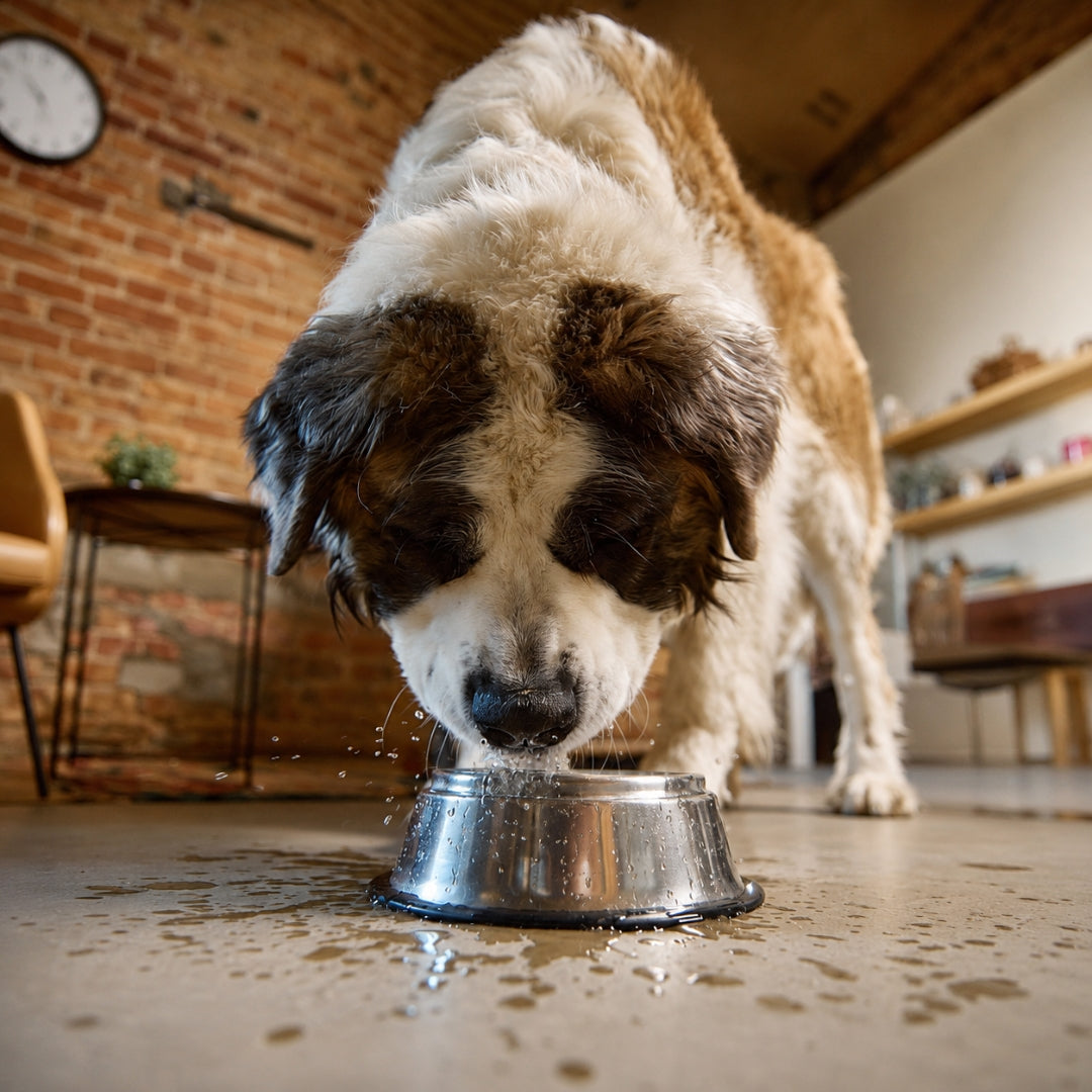 Dog drinking water from a metal bowl on a wooden floor with a brick wall background.