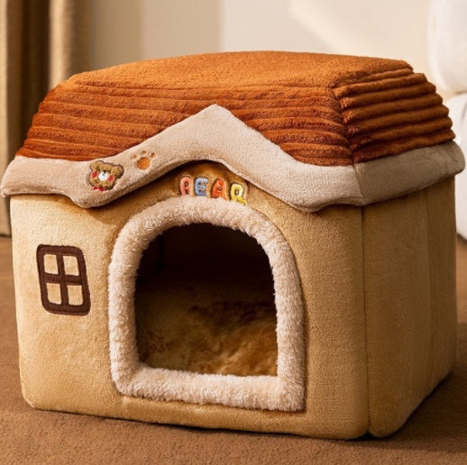 Foldable Warm Dog House Enclosed Pet Bed Removable Cushion Indoor Kennel