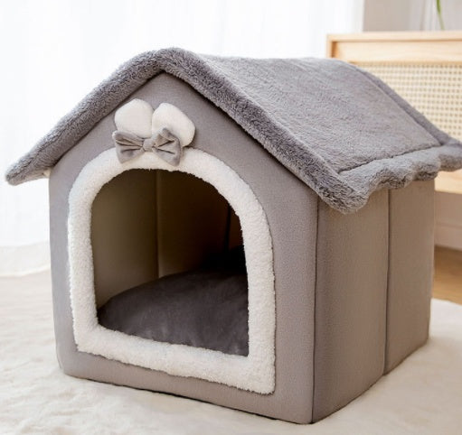 Foldable Warm Dog House Enclosed Pet Bed Removable Cushion Indoor Kennel